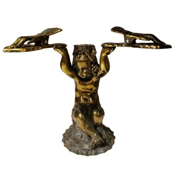 Vintage Victorian Brass Cherub Child with Hand Shaped Hankerchief Letter Clips - Picture 1 of 12
